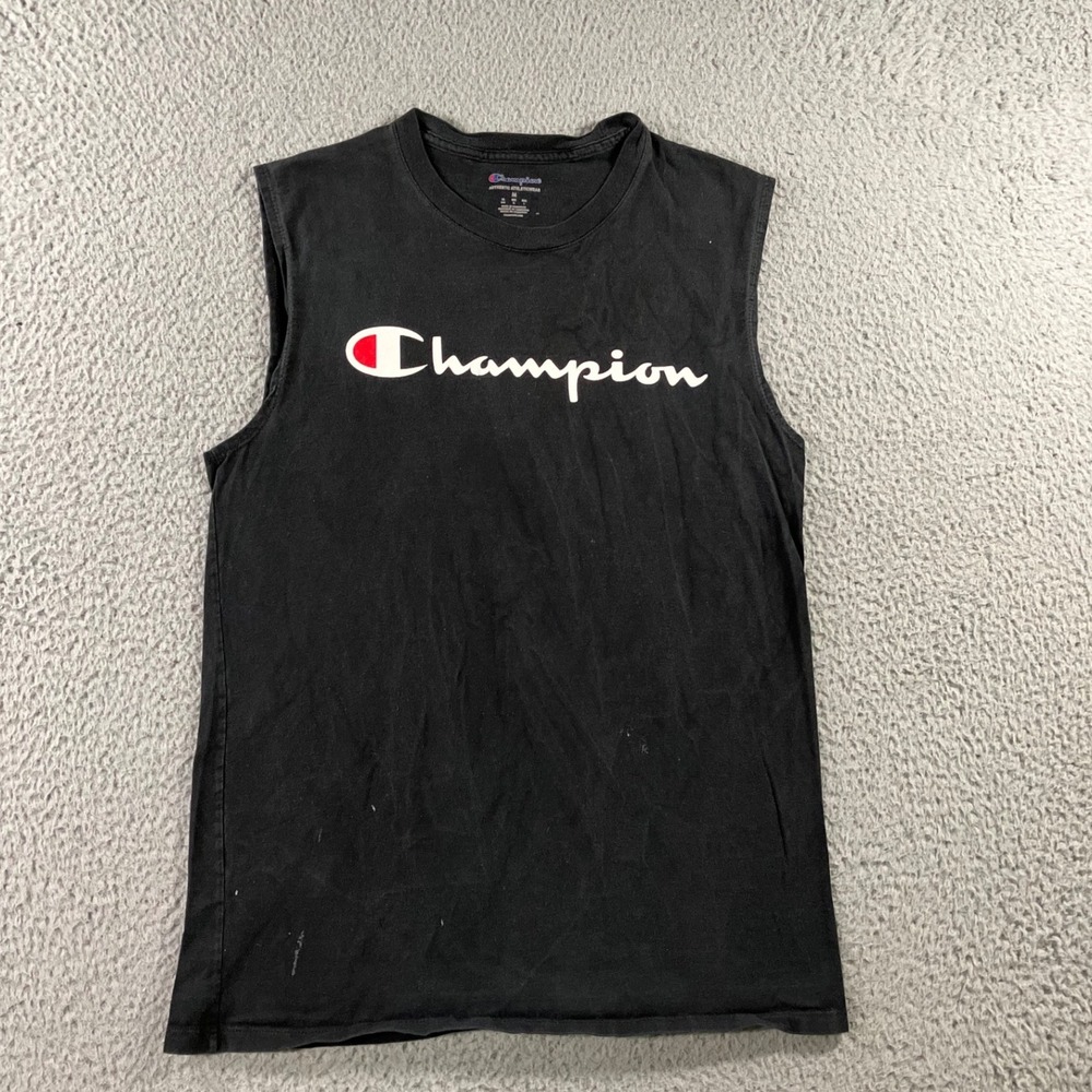 Champion Muscle Tee Men M Black Script Logo Thrashed Grunge Street y2k Tank Top